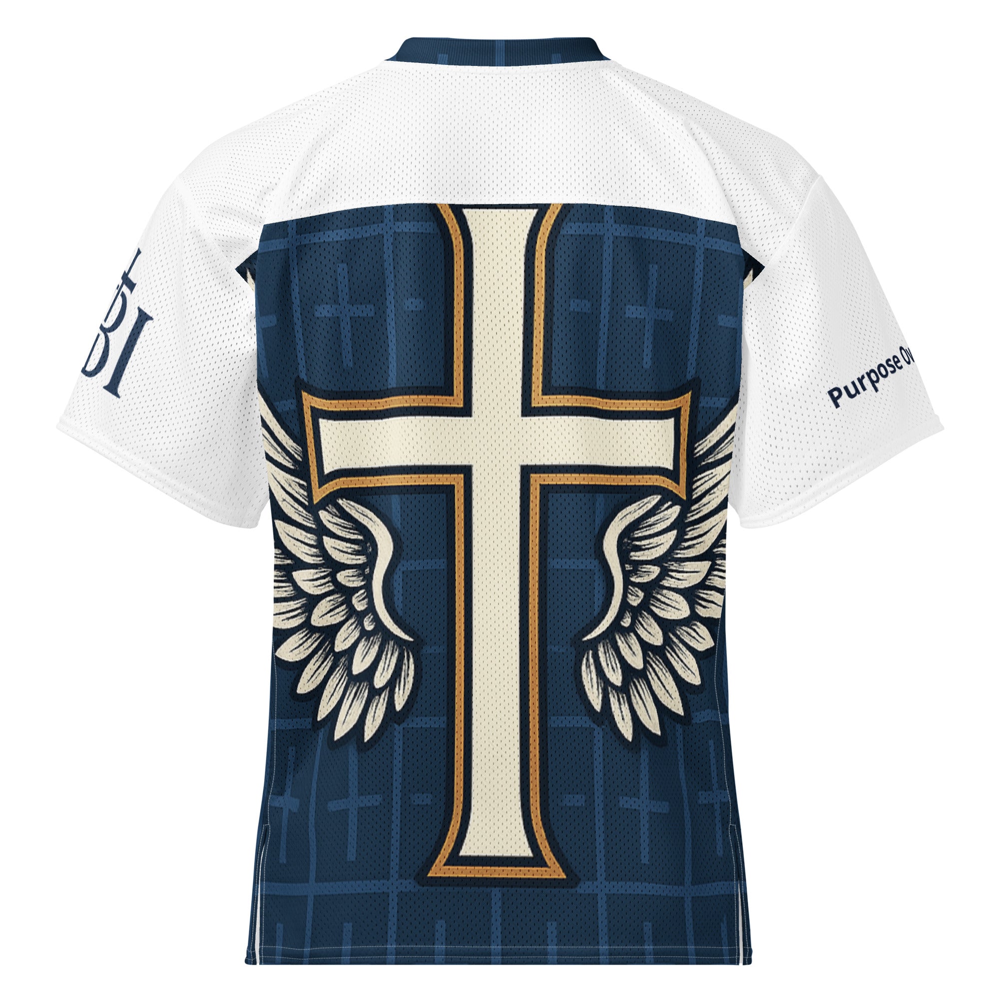 Navy and white Christian jersey with bold gold cross design and inspirational sleeve text.