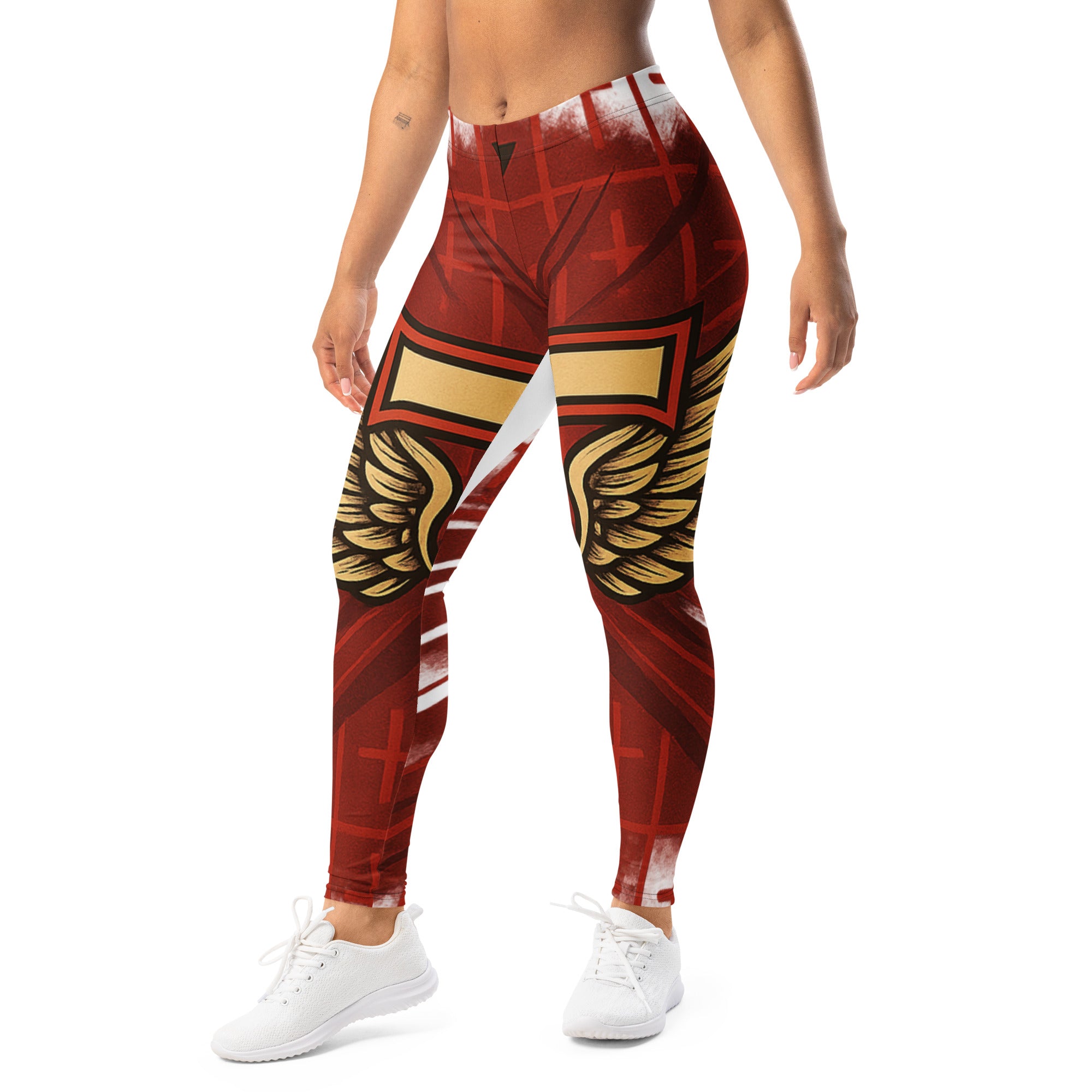 Wings of Victory Leggings, premium JBI activewear featuring golden wings and cross detailing
