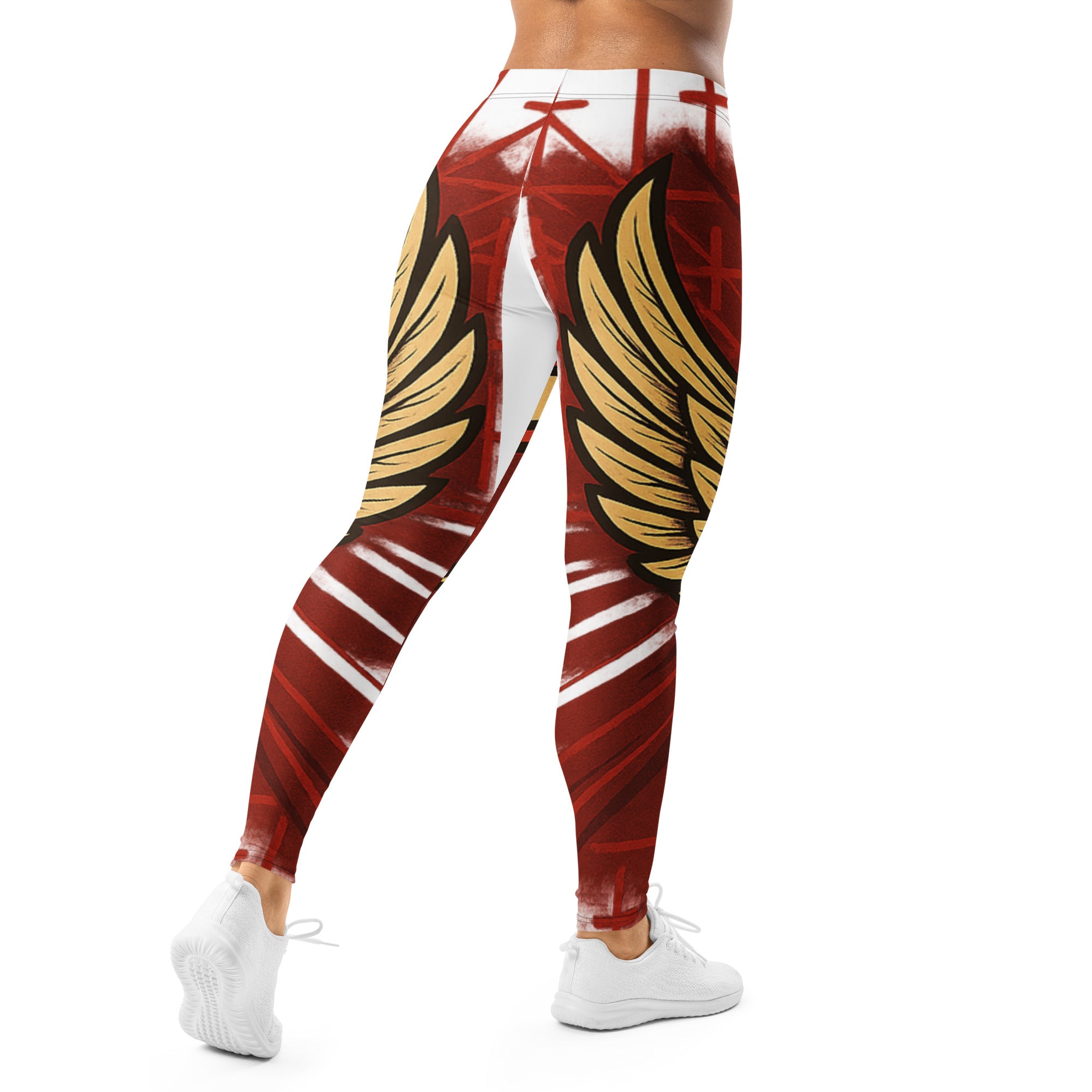 Wings of Victory Leggings, premium JBI activewear featuring golden wings and cross detailing.