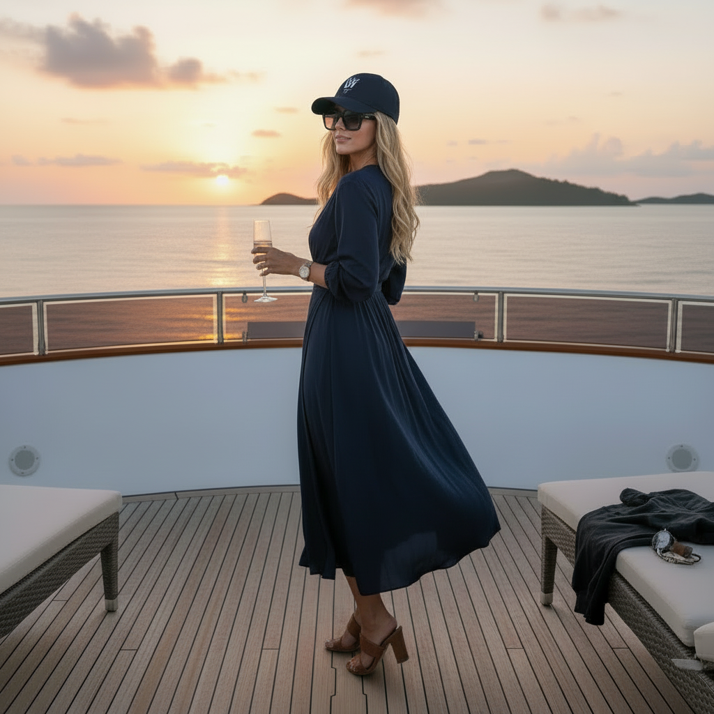 Outdoor lifestyle shot of model wearing navy 10 Toes Down dad hat