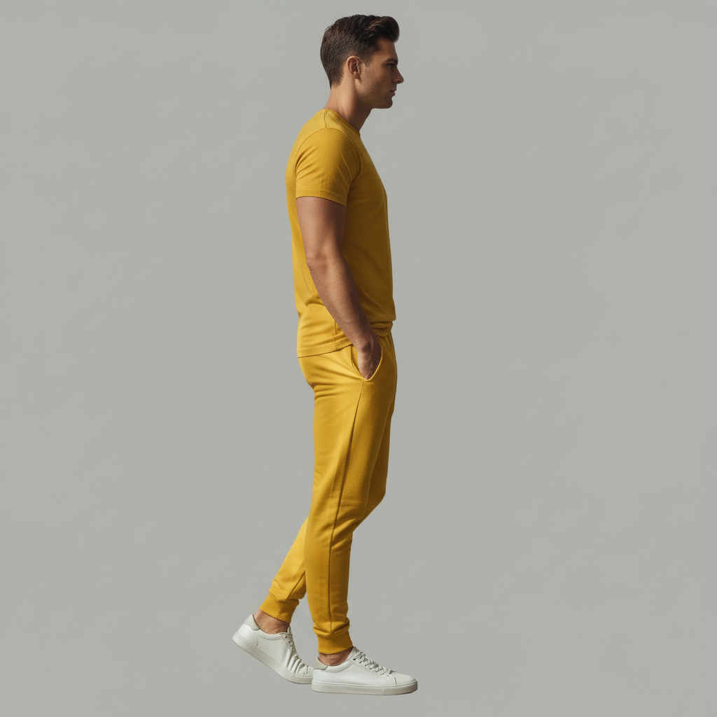 “Side view of JBI yellow Wing Collection joggers showing slim fit and stretch fabric.”