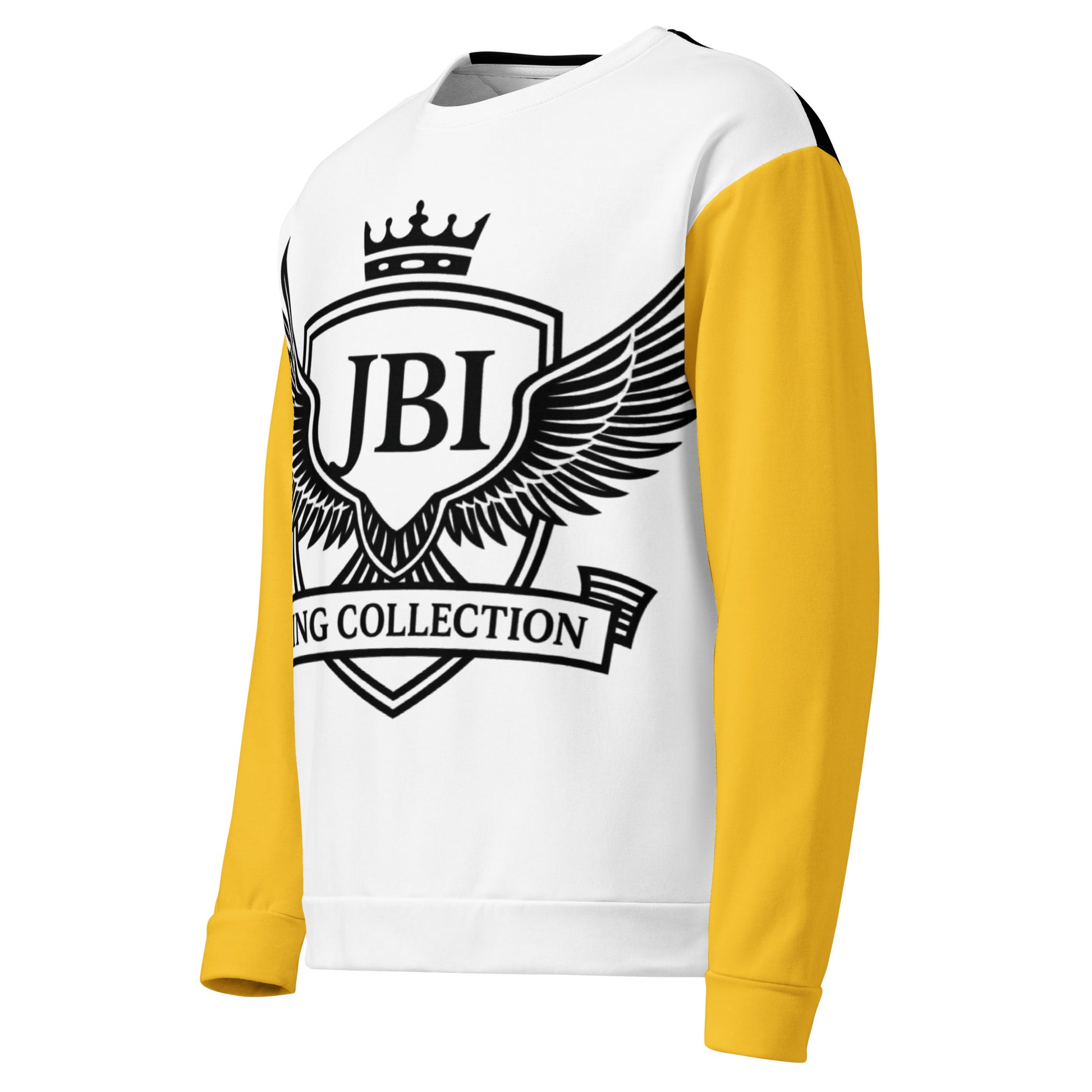 JBI Wing unisex long sleeve crewneck white and yellow side view
