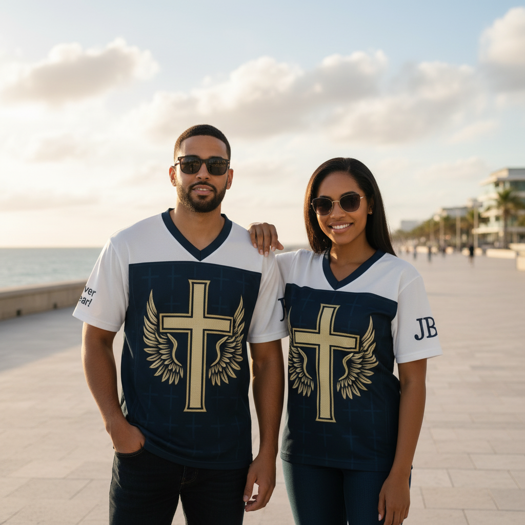 Male and female models wearing the Saved by Grace Cross Jersey with gold cross-and-wings emblem