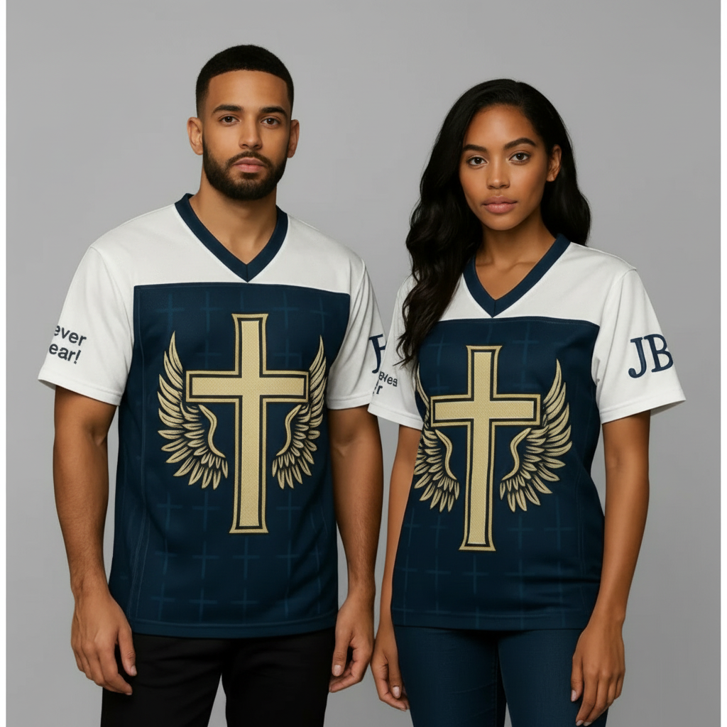Male and female models wearing the Saved by Grace Cross Jersey with gold cross-and-wings emblem